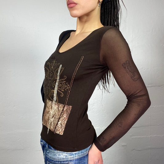 Vintage 90's Fairy Brown See Through Longsleeve Top with Patched Lace and Ethnic Print Detail (S)