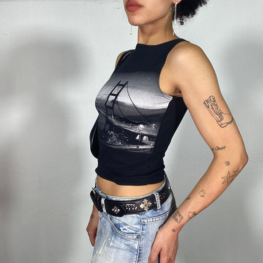 Vintage 90's Funky Black High Neck Tank Top with Photo Print (S)