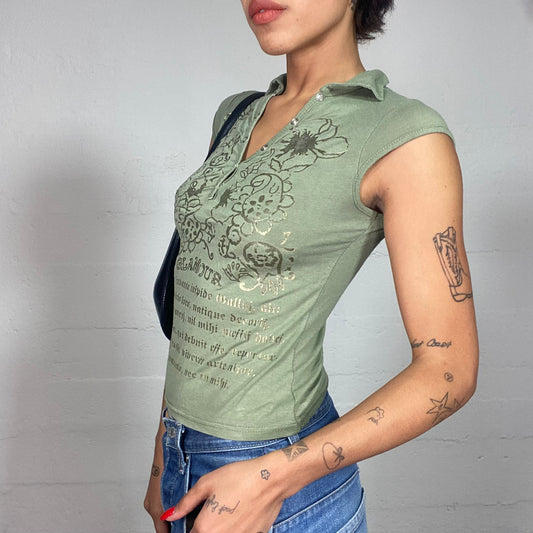 Vintage 2000's Fairy Khaki Top with Gold Floral and Typography Print (S)
