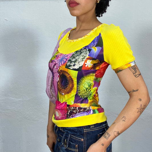 Vintage 2000's Funky Yellow Shirt with Multicolor Tank Top Look (S)