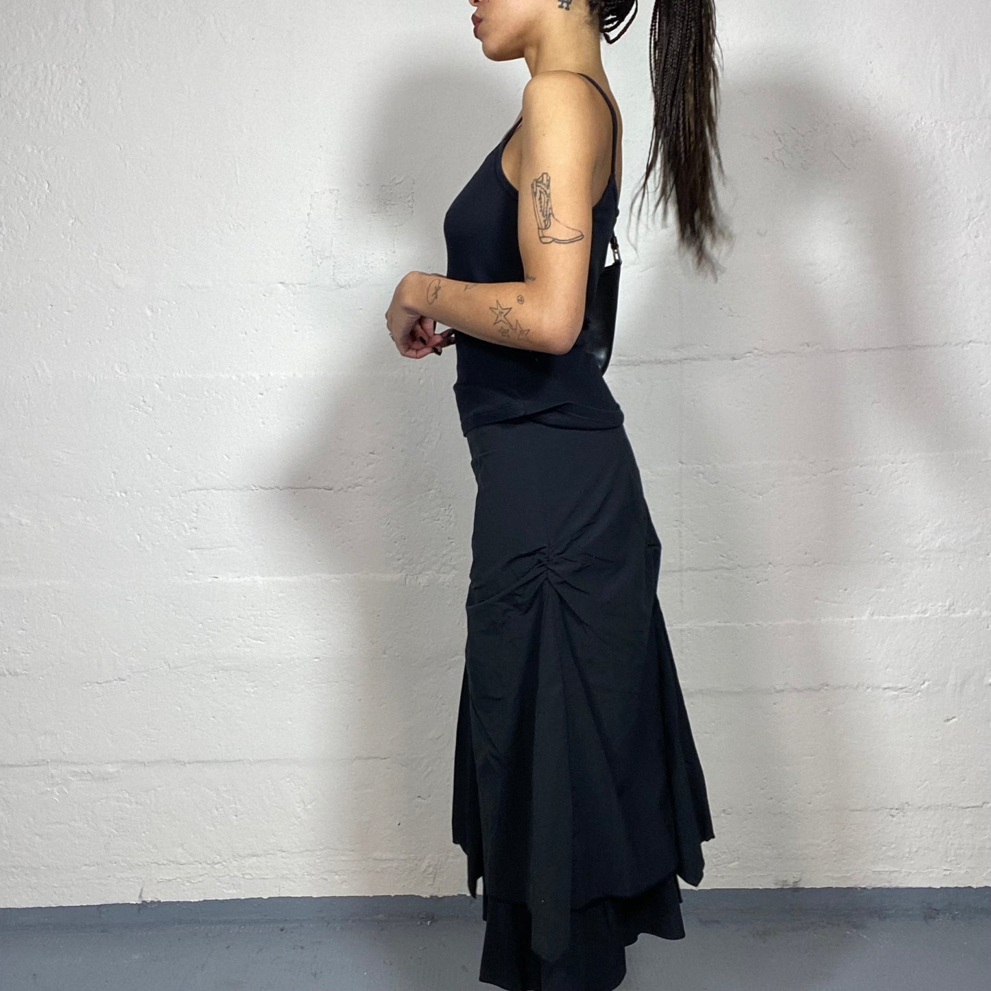 Vintage 2000's Cyber Black Deconstructed Maxi Cargo Skirt with Layered Material (M)