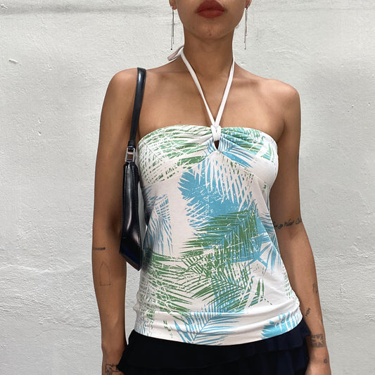 Vintage 2000's Summer White Halter Top with Blue and Green Palm Tree Leaf Print (XS/S)