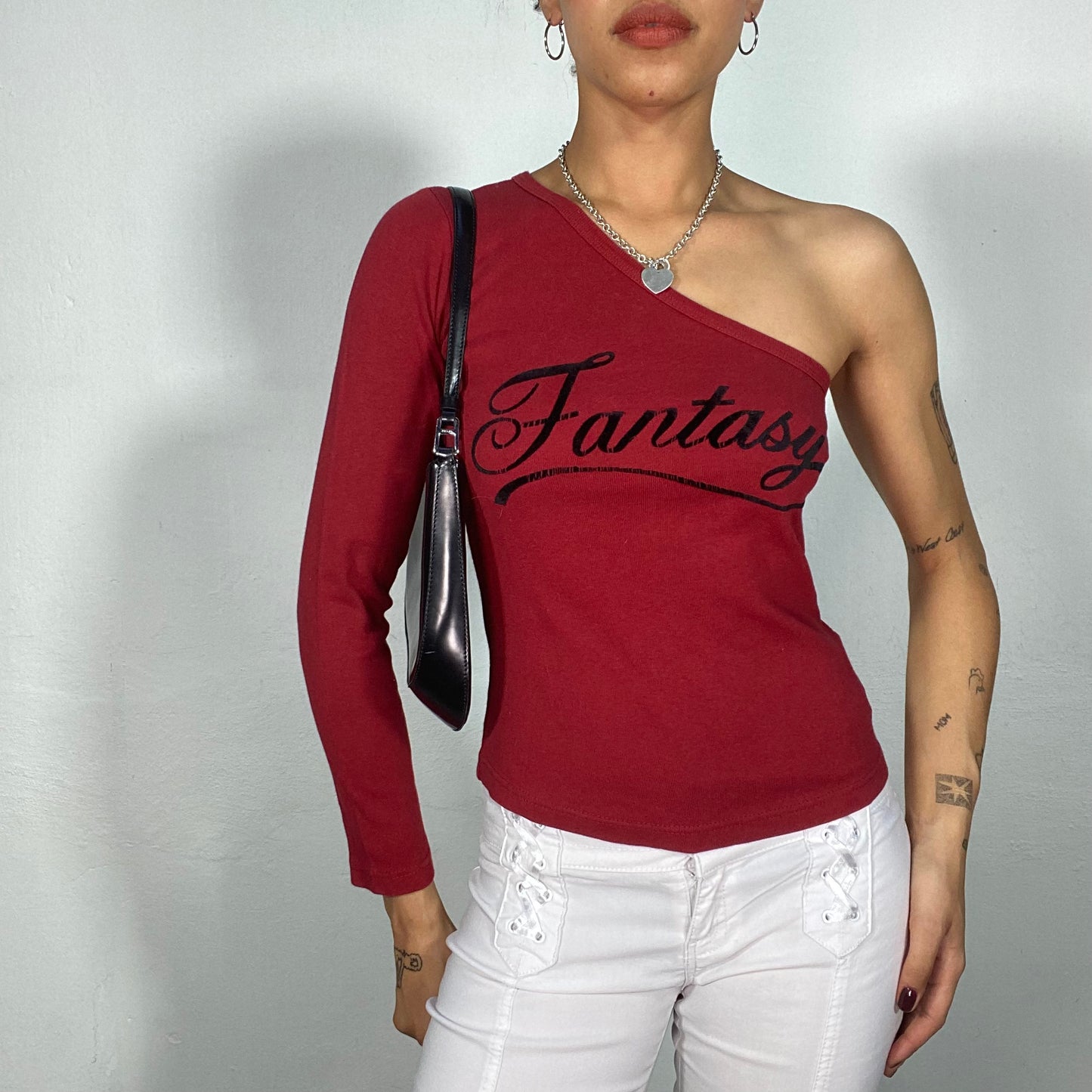 Vintage 2000's Skater Dark Red One Shoulder Top with 'Fantasy' Print (S)