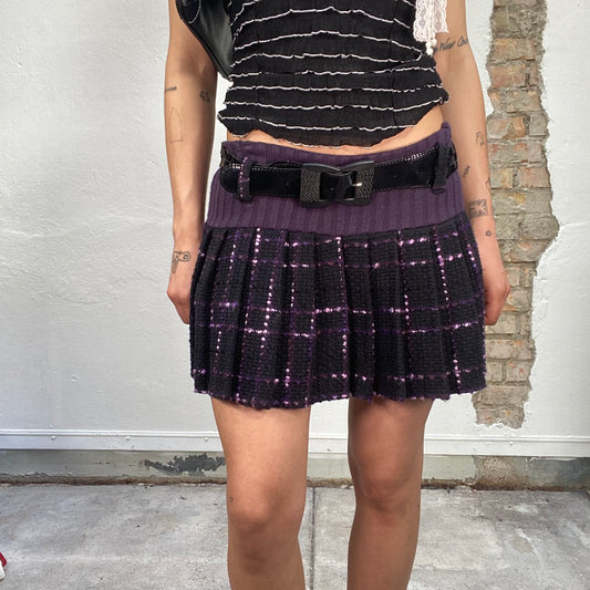 Vintage 2000's Punky Black and Purple Tweed Mini Skirt with Glossy Waist Belt (S)