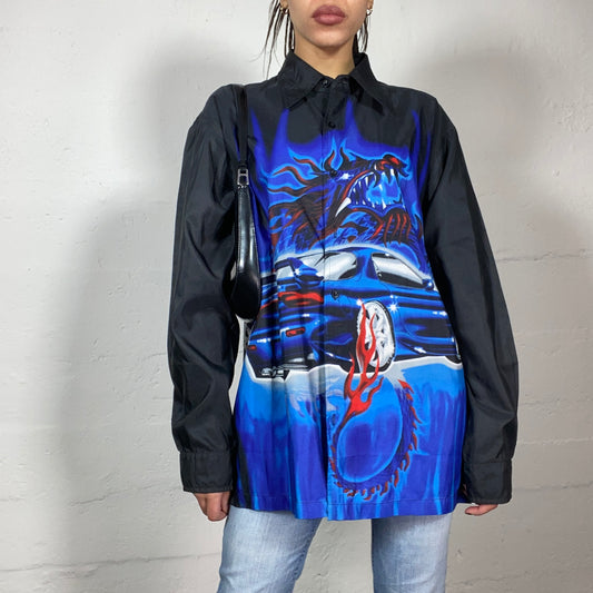 Vintage 2000's Sporty Black Longsleeve Button Up Shirt with Electric Blue Dragon and Racing Car Print (L)