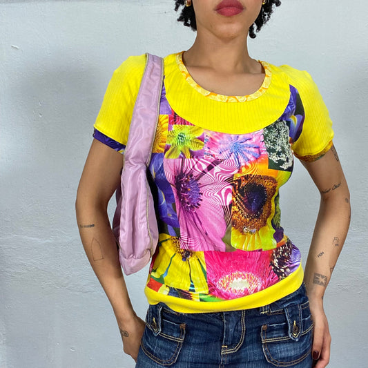 Vintage 2000's Funky Yellow Shirt with Multicolor Tank Top Look (S)