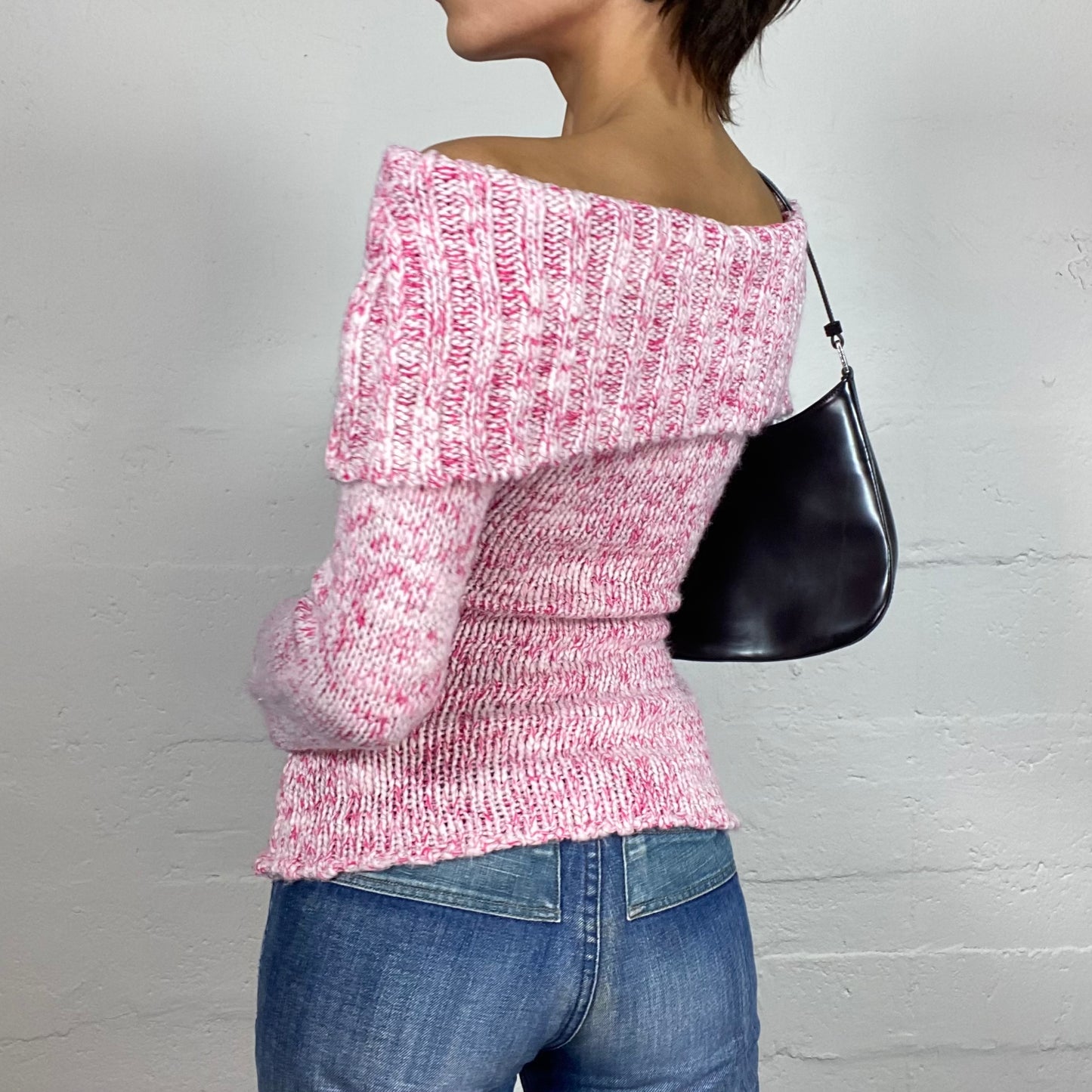 Vintage 2000's Soft Girl Pink Knitted Off Shoulder Sweater with Maxi Collar (S)