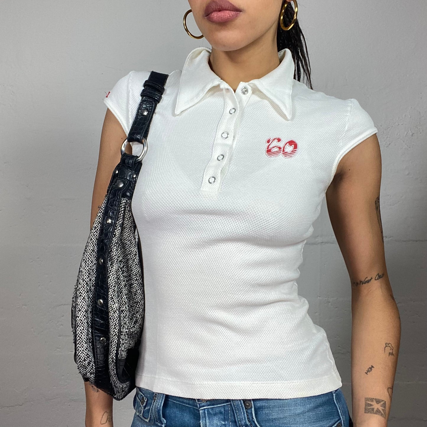 Vintage 2000's Miss Sixty College Girl White Polo Top with Red "60" Print (S)