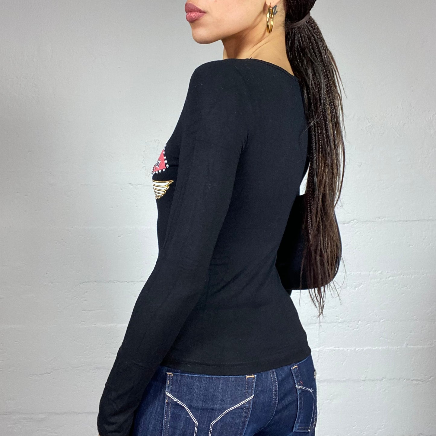 Vintage 2000's Downtown Girl Black Longsleeve Top with "Like a Prayer" Neon Lights Print (S)