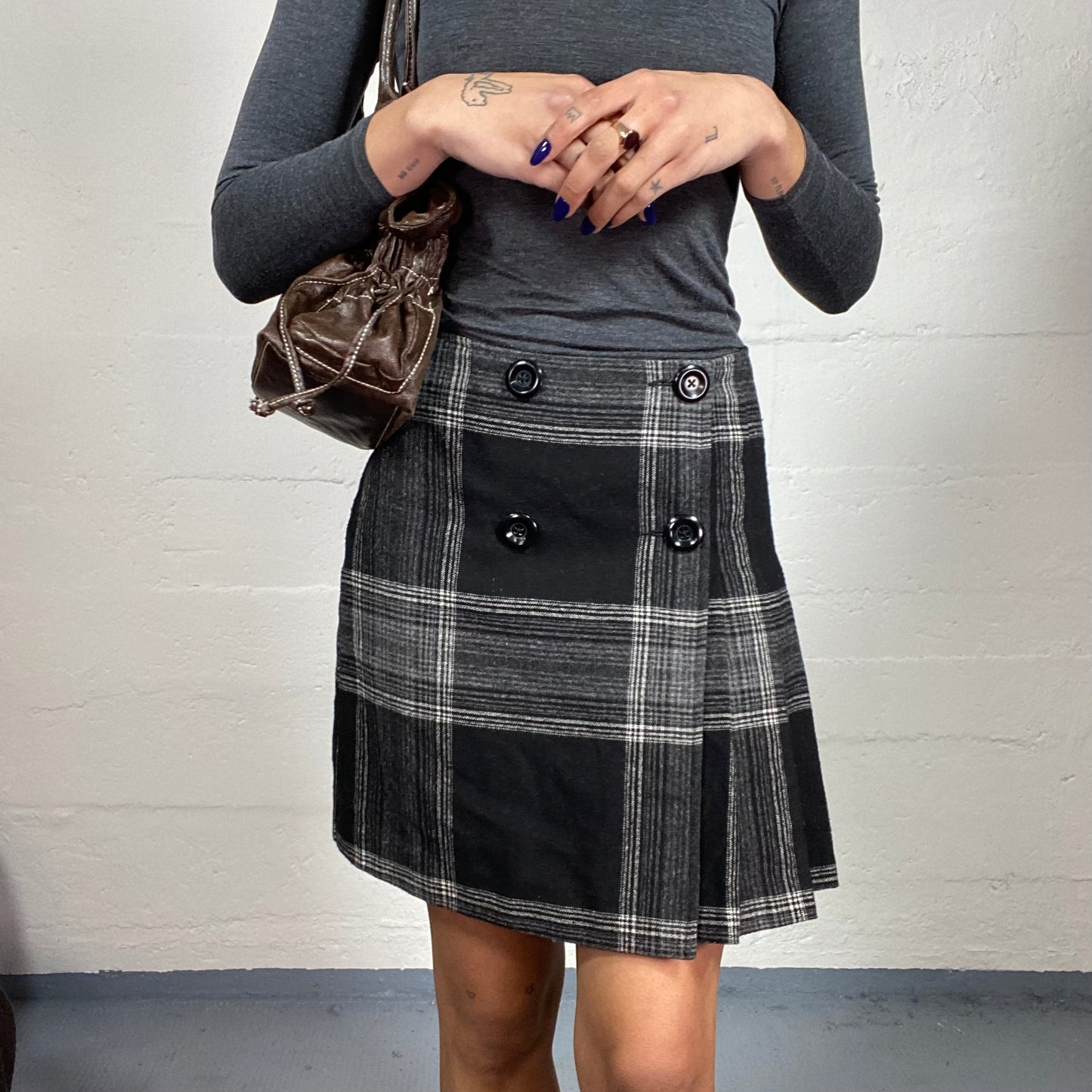 Vintage 2000's Gorpcore Grey Box Pleated Skirt with Checkered Print and Buttons Detail (S)