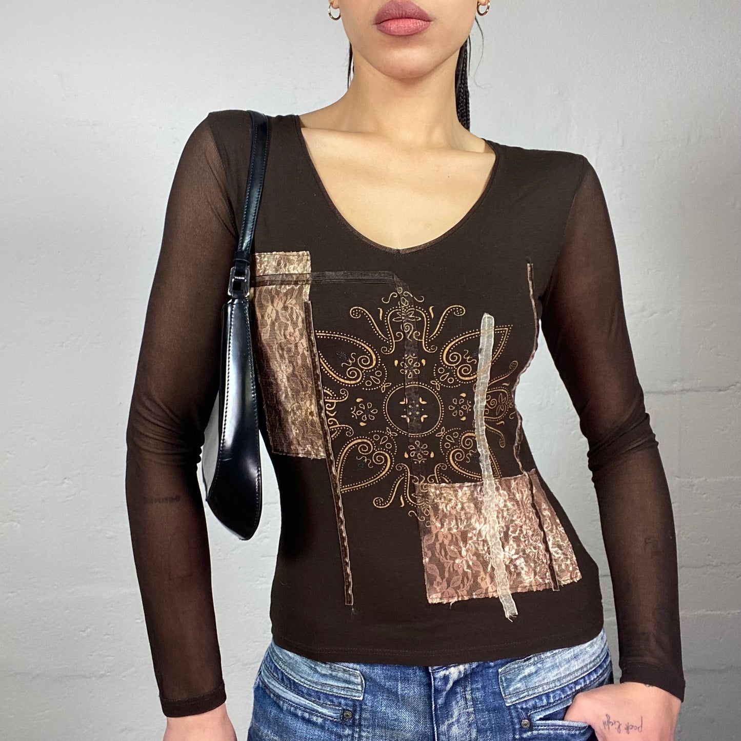 Vintage 90's Fairy Brown See Through Longsleeve Top with Patched Lace and Ethnic Print Detail (S)