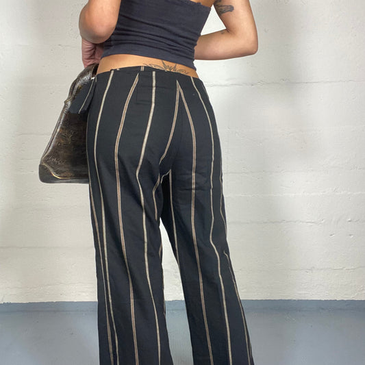 Vintage 2000's Office Black Straight Leg Pants with Stripes Print and Belt Detail (XS)