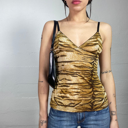 Vintage 2000's Mob Wife Brown Cami Top with Tiger Print Covering (S)