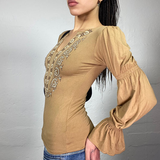 Vintage 90's Fairy Brown Bulger Longsleeve Top with Ethnic Neckline Print Detail (S)