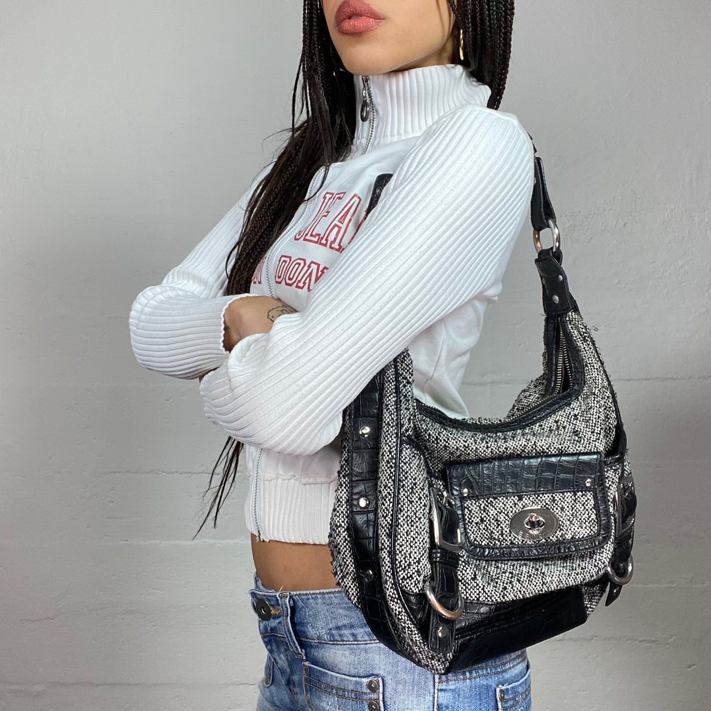 Vintage 2000's Archive Grey Shoulder Bag with Black Lining Detail