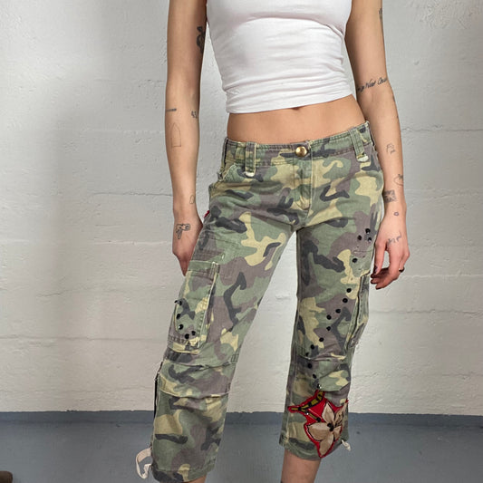 Vintage 2000's Rave Khaki Low Waist Cargo Capri with Camo Print and Orange Flower Detail (S)