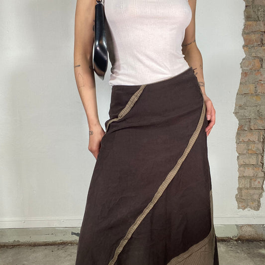 Vintage 2000's Grunge Brown Cord and Beige Pinstripe Asymmetrical Midi Skirt (S/M)