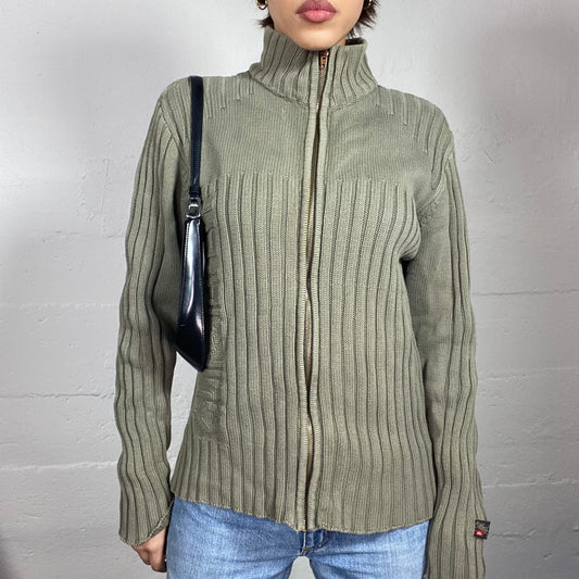 Vintage 2000's Quicksilver Sporty Khaki Knitted Zip Up Jacket with Ribbed Knit Detail (M)