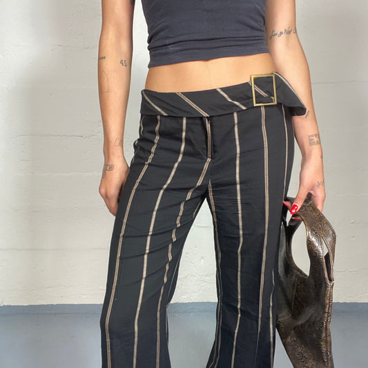 Vintage 2000's Office Black Straight Leg Pants with Stripes Print and Belt Detail (XS)