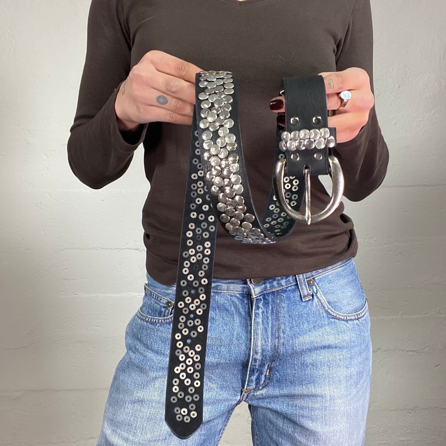 Vintage 2000's Rave Black Belt with Multiple Deconstructed Studs Detail