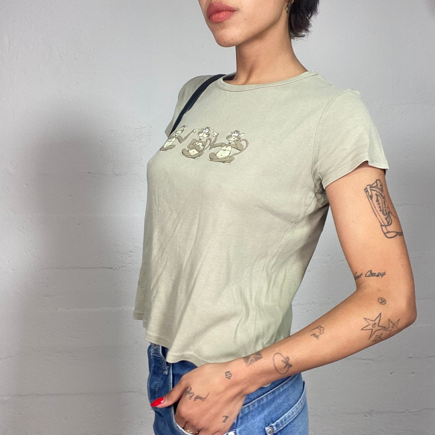 Vintage 2000's Cute Khaki Top with Animated Three Wise Monkeys Print (S)