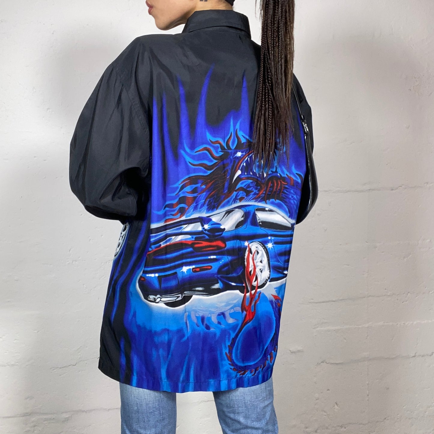 Vintage 2000's Sporty Black Longsleeve Button Up Shirt with Electric Blue Dragon and Racing Car Print (L)