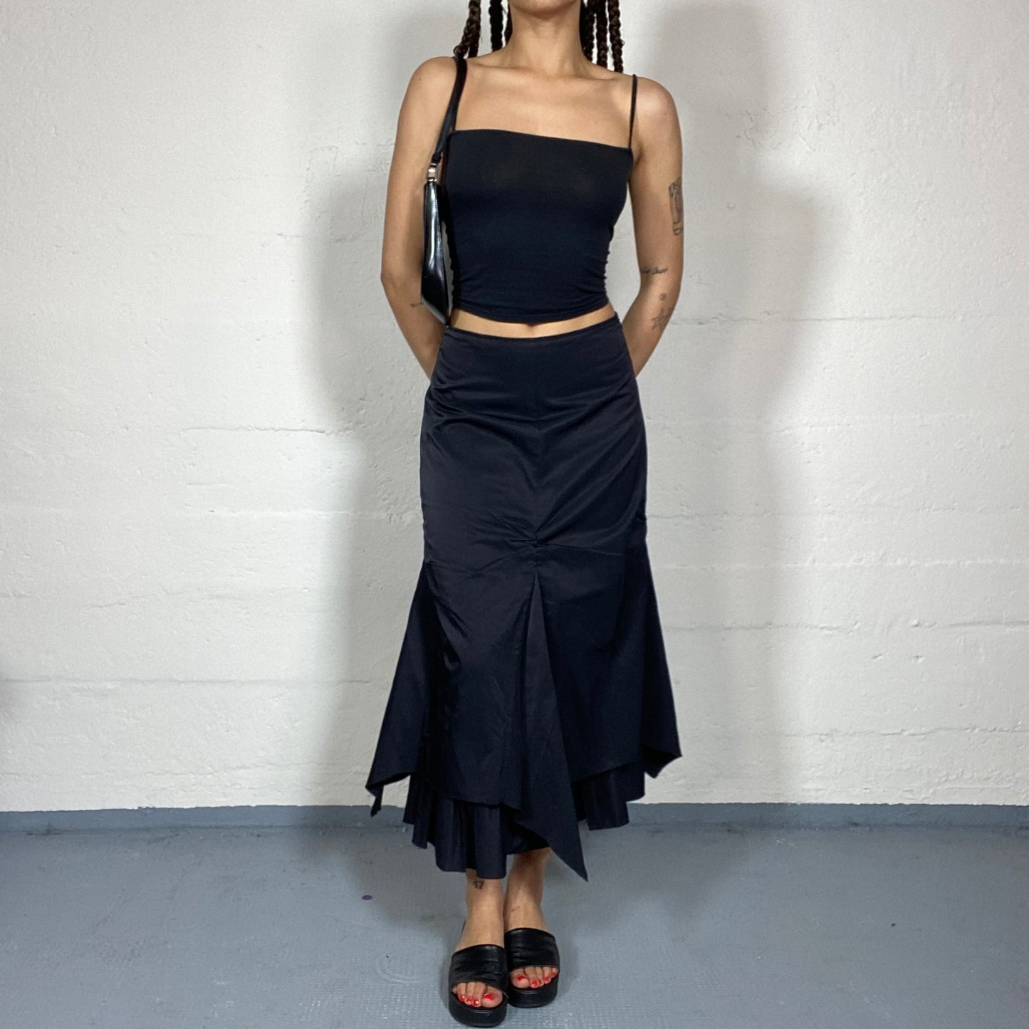 Vintage 2000's Archive Black Maxi Cargo Skirt with Bright Finish Material and Layered Bottom Detail (S)