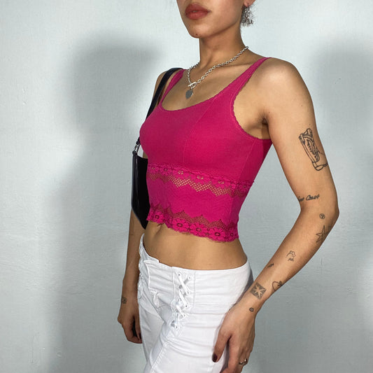 Vintage 90's Coquette Hot Pink Tank Top with Lace Trim (S)