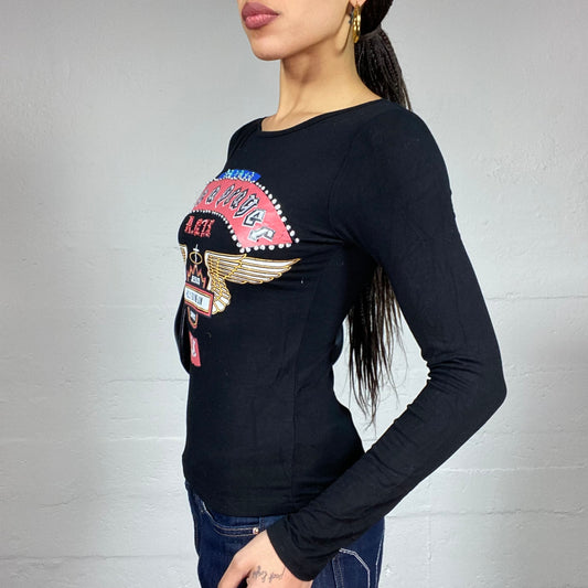 Vintage 2000's Downtown Girl Black Longsleeve Top with "Like a Prayer" Neon Lights Print (S)