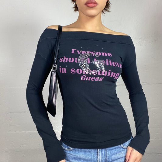 Vintage 2000's Guess Black Off Shoulder Longsleeve Top with Pink "Everyone Should Believe in Something" Sequins Patch Print (S)