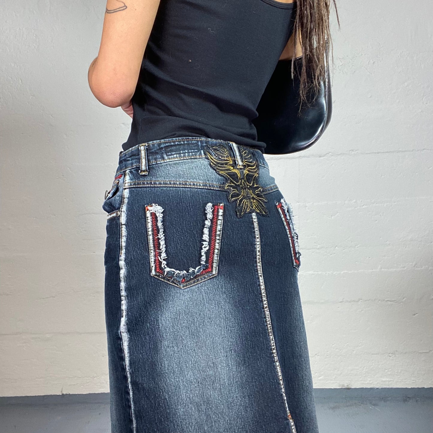 Vintage 2000's Cyber Dark Acid Wash Denim Cargo Skirt (M)