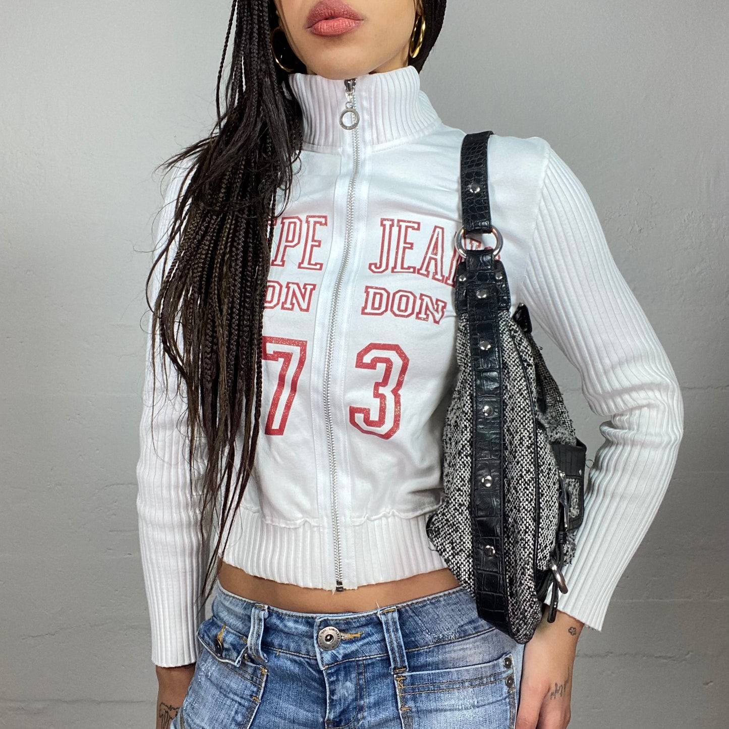 Vintage 2000's Pepe Jeans Sporty White Zip Up Sweater with Red Trim and "London 73" Print (M)