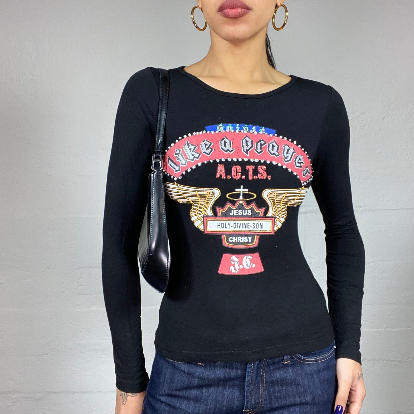 Vintage 2000's Downtown Girl Black Longsleeve Top with "Like a Prayer" Neon Lights Print (S)