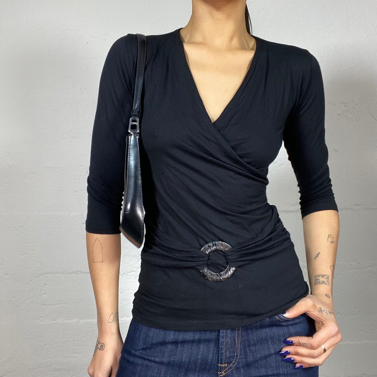 Vintage 2000's Indie Black 3/4 Sleeve Top with Round Buckle Belt Detail (S)