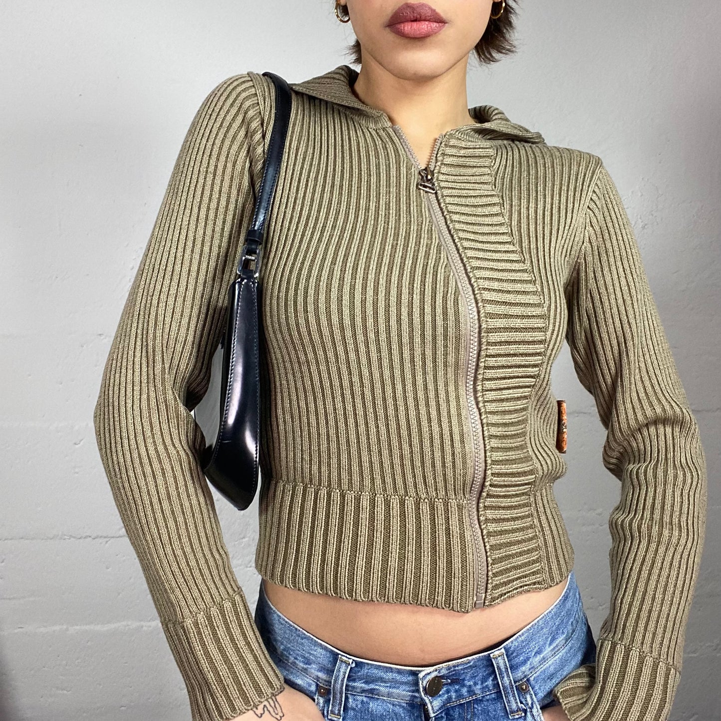Vintage 2000's Downtown Girl Khaki Knitted Asymmetric Zip Up Jacket with Ribbed Knit Detail (S)