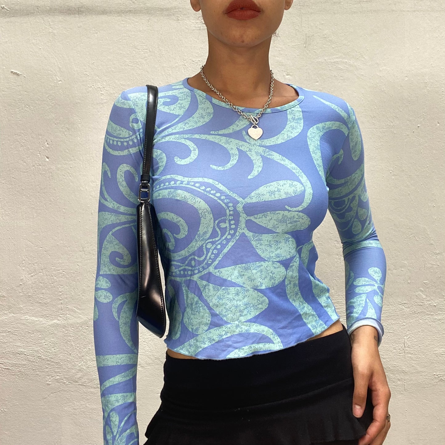 Vintage 90's Indie Blue Longsleeve Top with Green Dreamy Print  (XS)