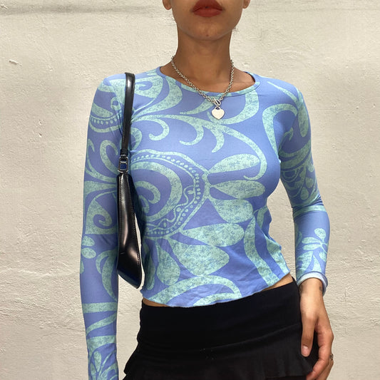 Vintage 90's Indie Blue Longsleeve Top with Green Dreamy Print (XS)