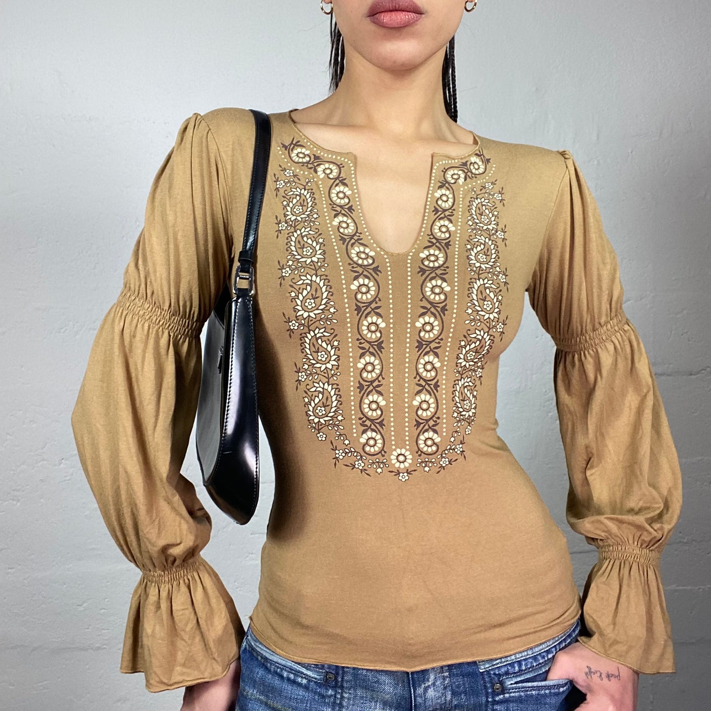 Vintage 90's Fairy Brown Bulger Longsleeve Top with Ethnic Neckline Print Detail (S)