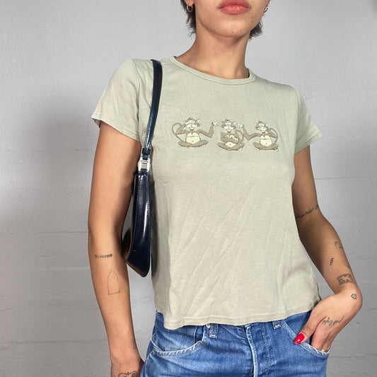 Vintage 2000's Cute Khaki Top with Animated Three Wise Monkeys Print (S)