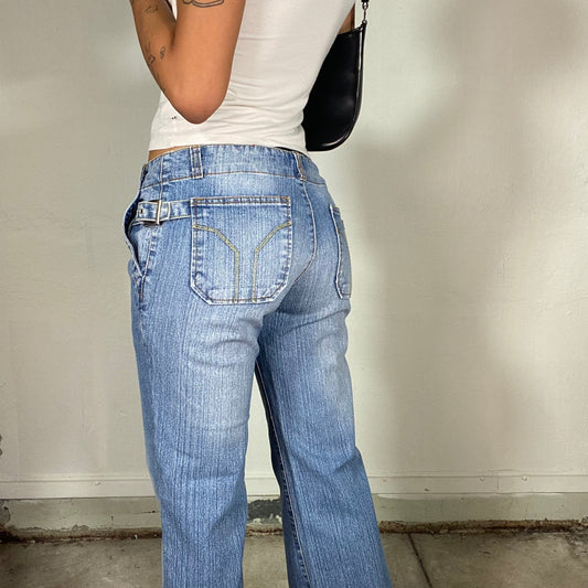 Vintage 2000's Downtown Girl Low Waist Boot Cut Jeans with Belted Side Detail (S)