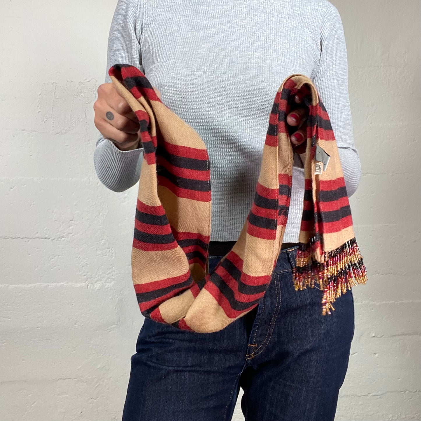 Vintage 90's Downtown Girl Beige and Red Striped Wool Skinny Scarf