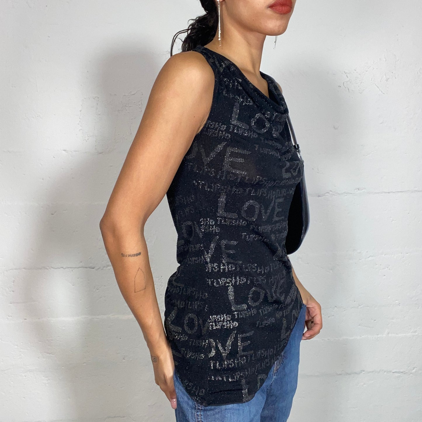 Vintage 2000's Clubwear Black Waterfall Neckline Top with Glitter "Love" Typography Print (S)