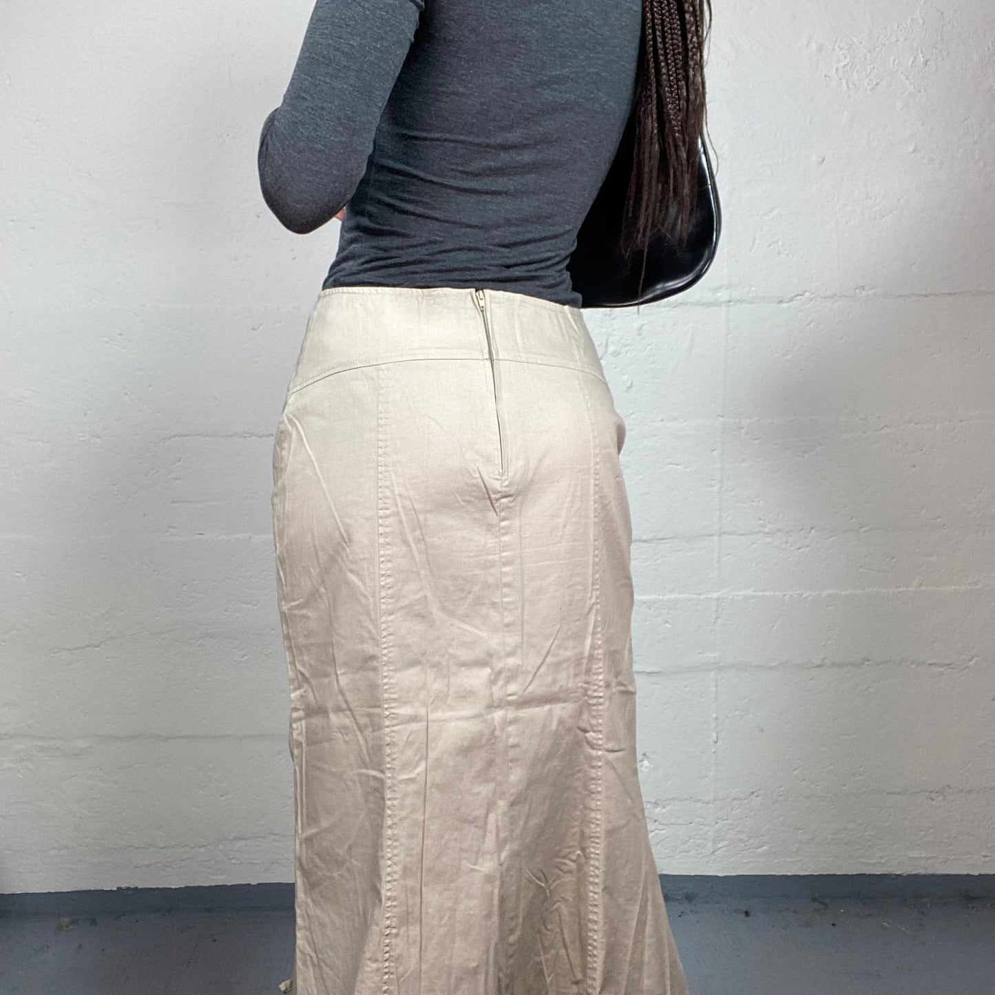 Vintage 90's Rave Beige Cargo Maxi Skirt with Frilled Bottom Detail (S/M)