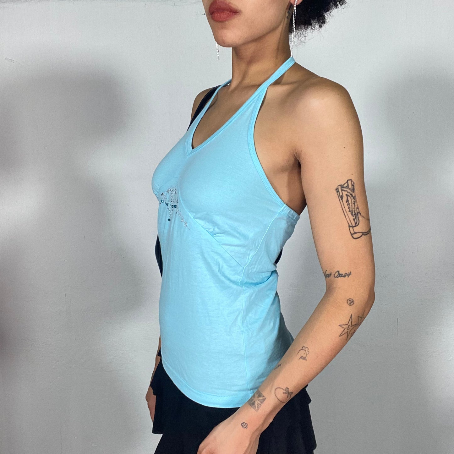 Vintage 2000's Indie Light Blue Halter Neck Top with Embroidery Detail (S)