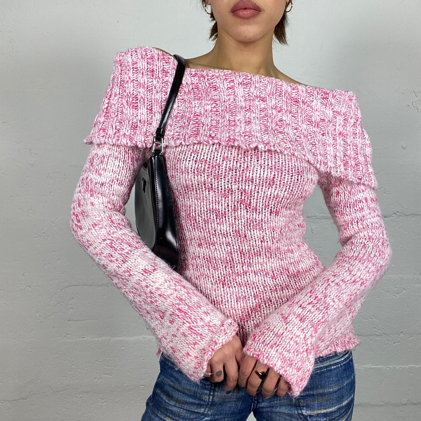 Vintage 2000's Soft Girl Pink Knitted Off Shoulder Sweater with Maxi Collar (S)