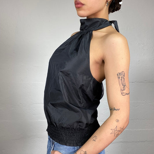 Vintage 2000's Clubwear Black Silk Open Back Top with Attached Scarf (S/M)