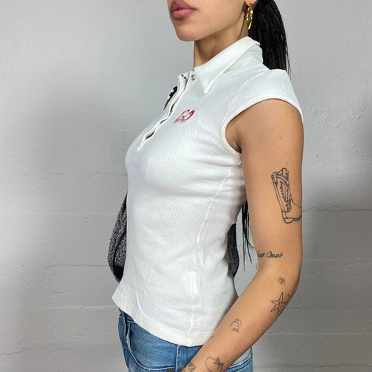 Vintage 2000's Miss Sixty College Girl White Polo Top with Red "60" Print (S)