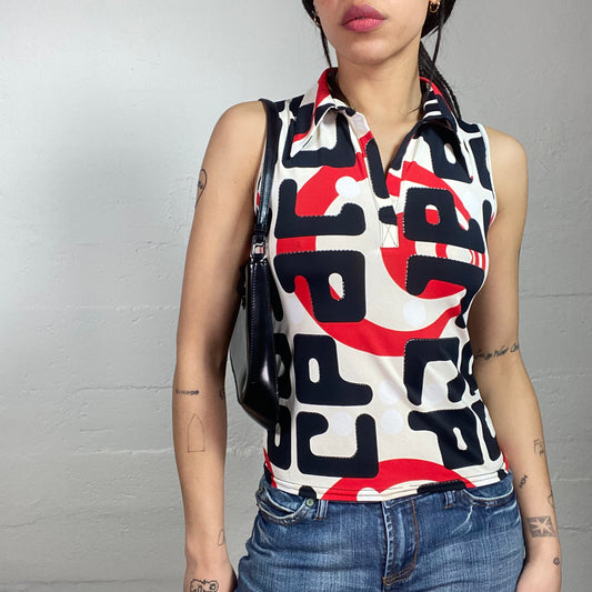 Vintage 90's Rachel Green Beige Vest Top with Navy Blue and Red Funky Print (M)