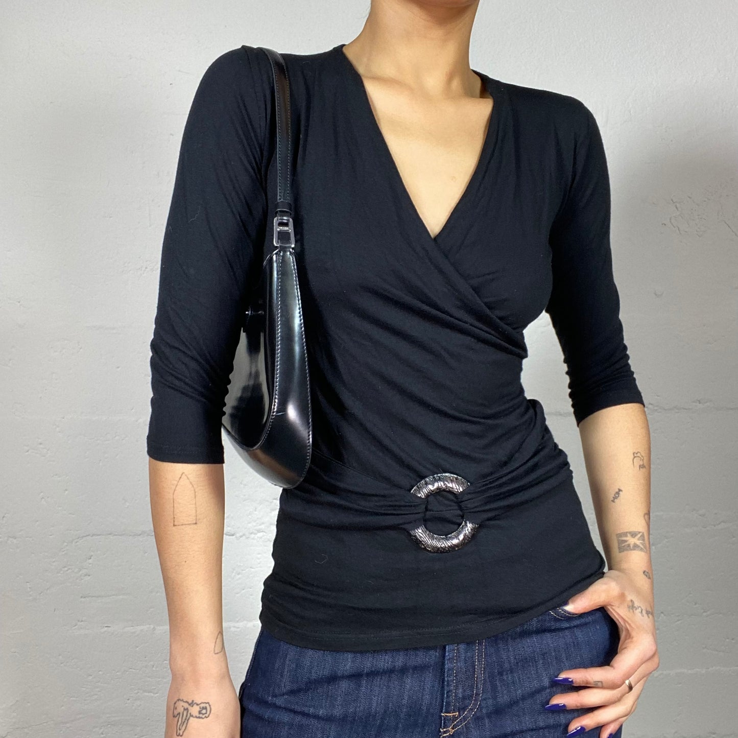 Vintage 2000's Indie Black 3/4 Sleeve Top with Round Buckle Belt Detail (S)