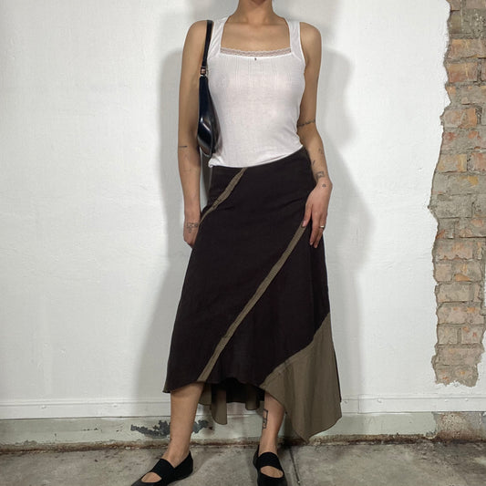 Vintage 2000's Grunge Brown Cord and Beige Pinstripe Asymmetrical Midi Skirt (S/M)